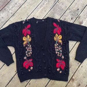 👵🏻 Sexy Floral Granny Embroidered Vintage Black Cardigan Sweater